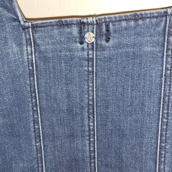 Women's Volcom Denim Jean Mini Dress Sweetheart Neck Cap Sleeve Size XS - Picture 5 of 8